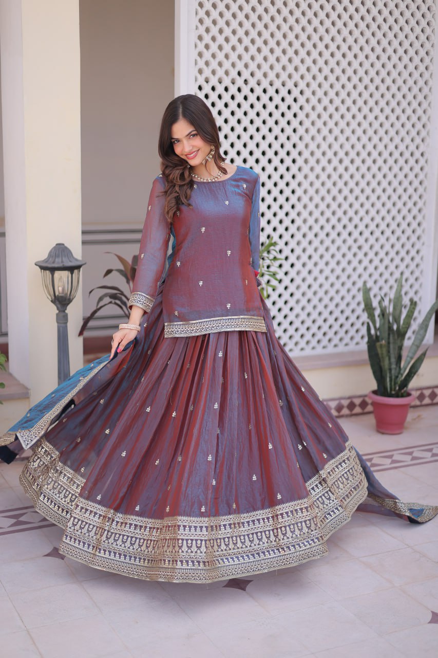 Mauve Chiffon Embroidered Top Lehenga Set
