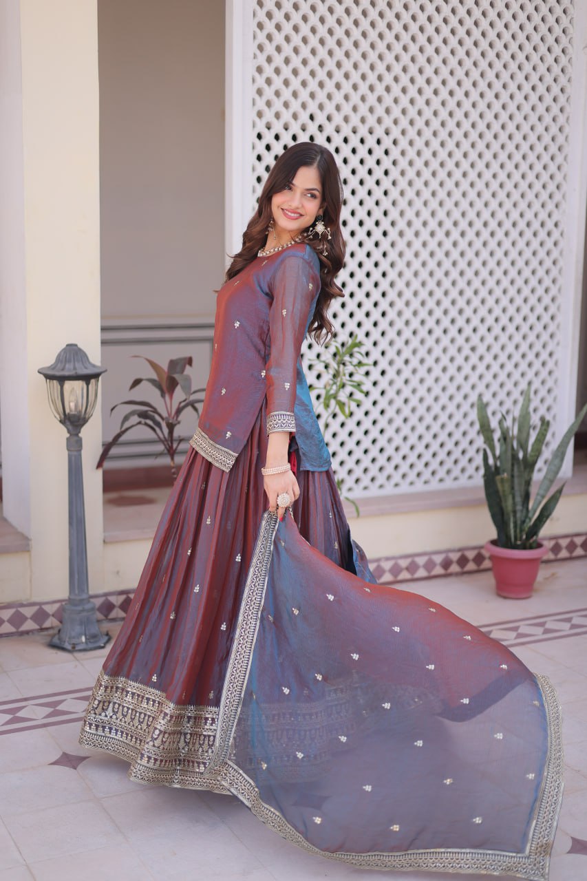 Mauve Chiffon Embroidered Top Lehenga Set