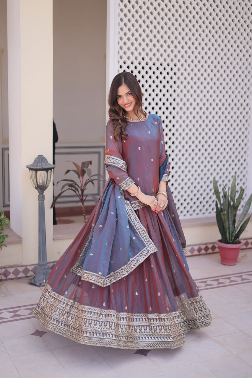 Mauve Chiffon Embroidered Top Lehenga Set