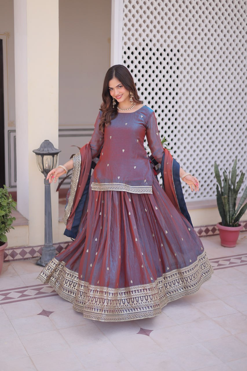 Mauve Chiffon Embroidered Top Lehenga Set