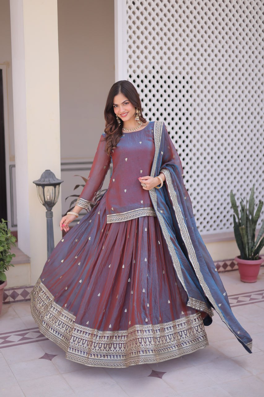 Mauve Chiffon Embroidered Top Lehenga Set
