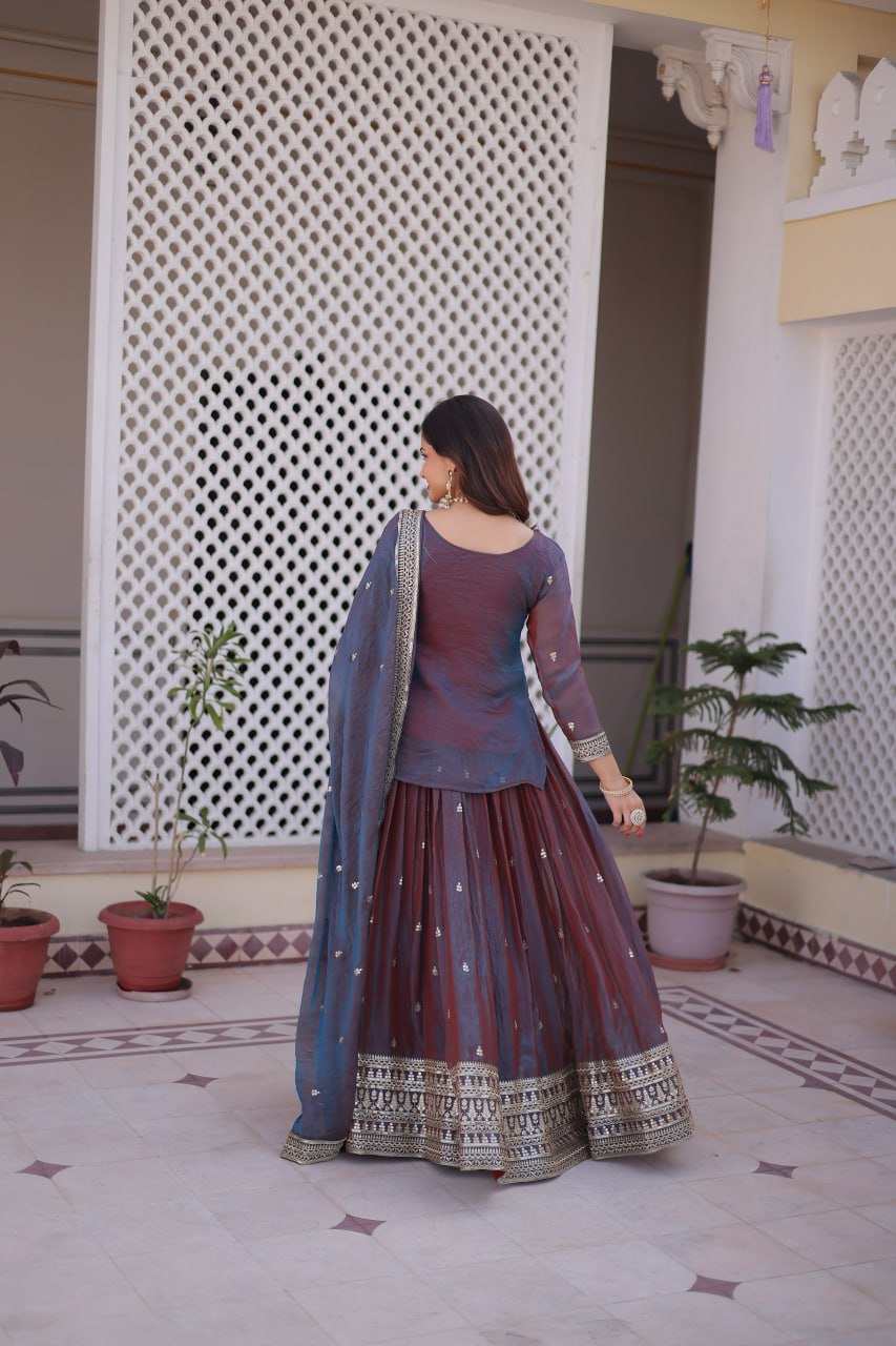 Mauve Chiffon Embroidered Top Lehenga Set