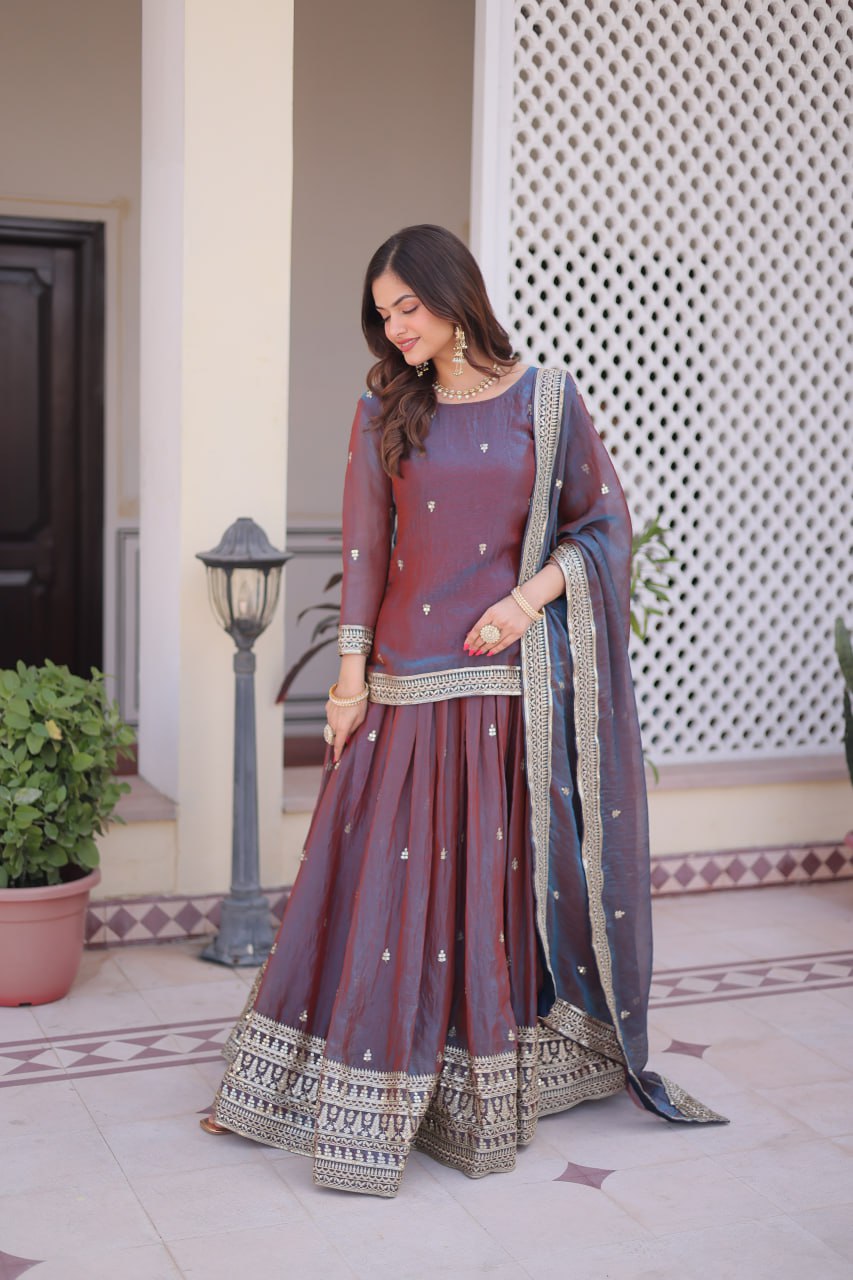 Mauve Chiffon Embroidered Top Lehenga Set
