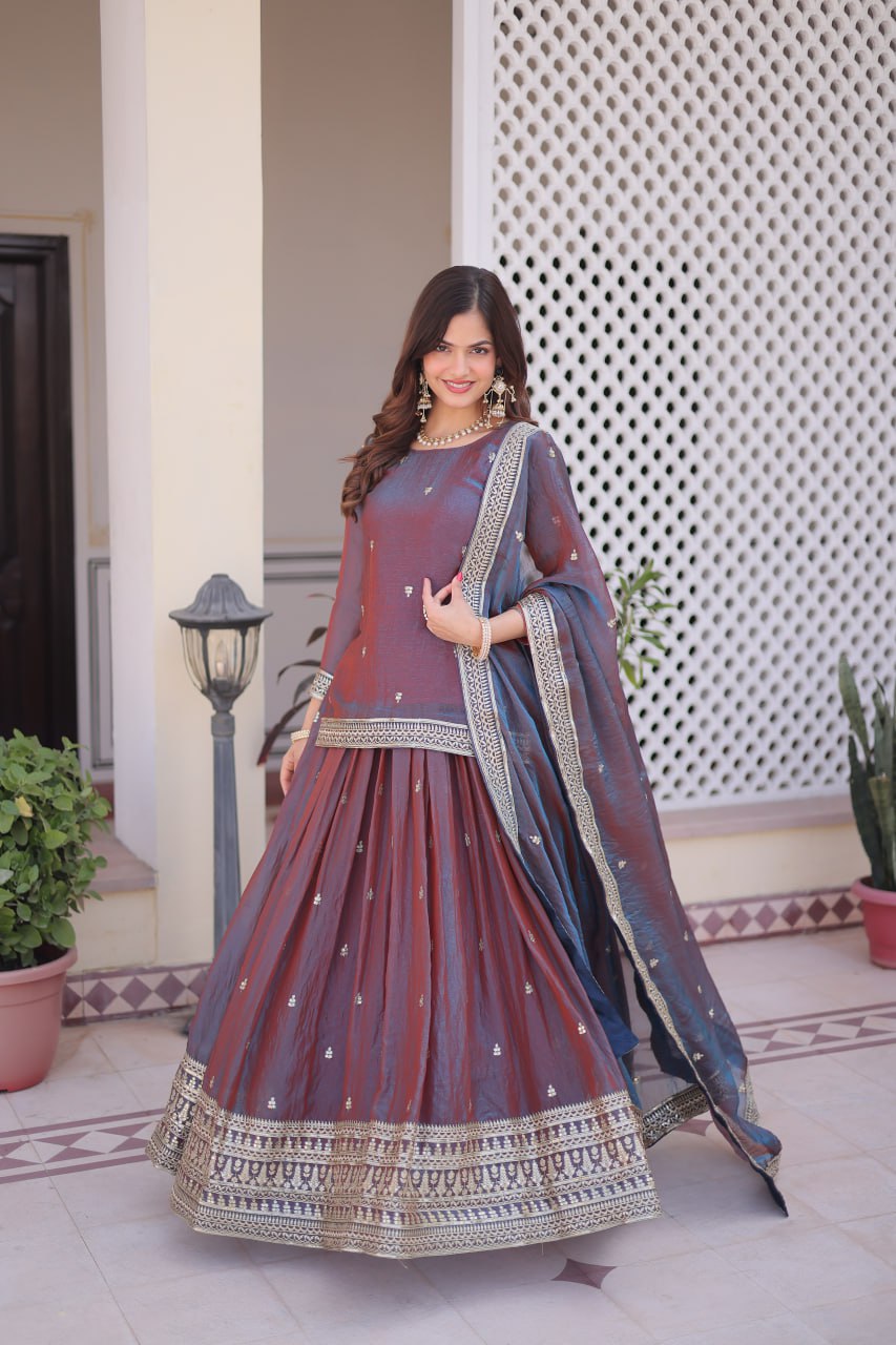 Mauve Chiffon Embroidered Top Lehenga Set