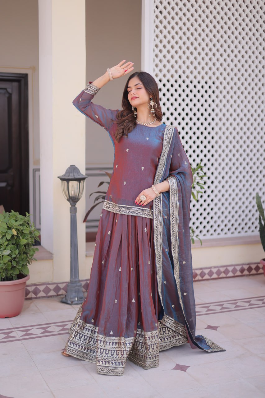 Mauve Chiffon Embroidered Top Lehenga Set