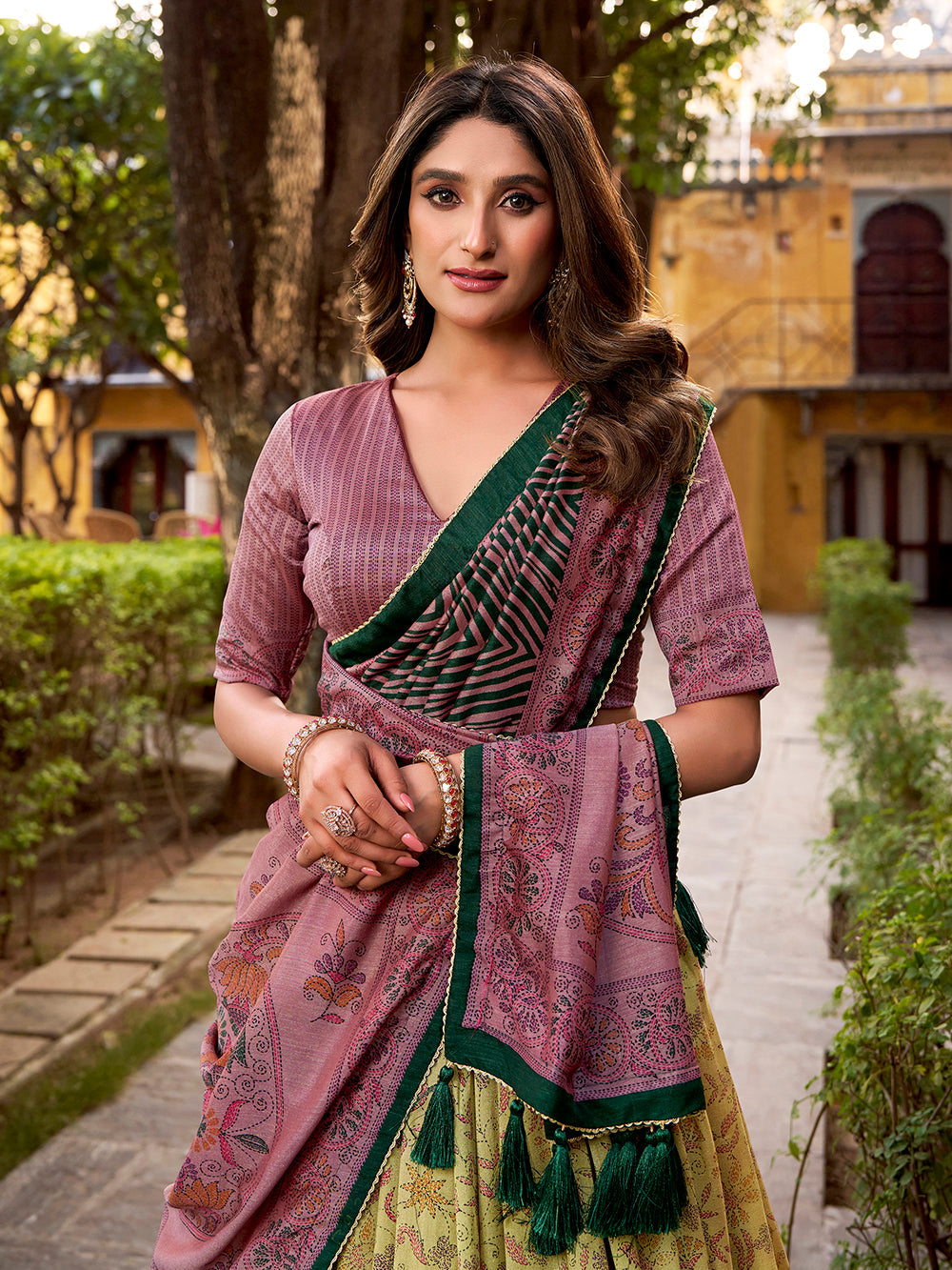 Mauve lehenga choli with printed blouse vichitra silk dupatta