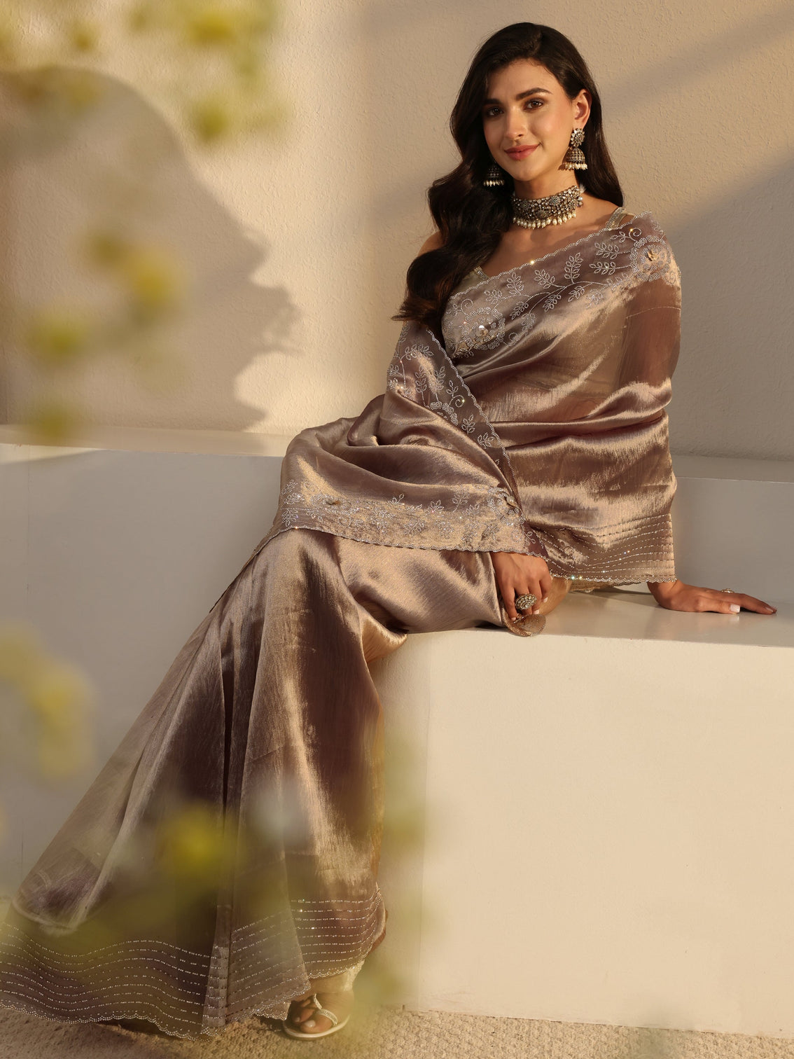 Mameraa Mauve Embellished Chiffon Saree With Unstitched Blouse Piece