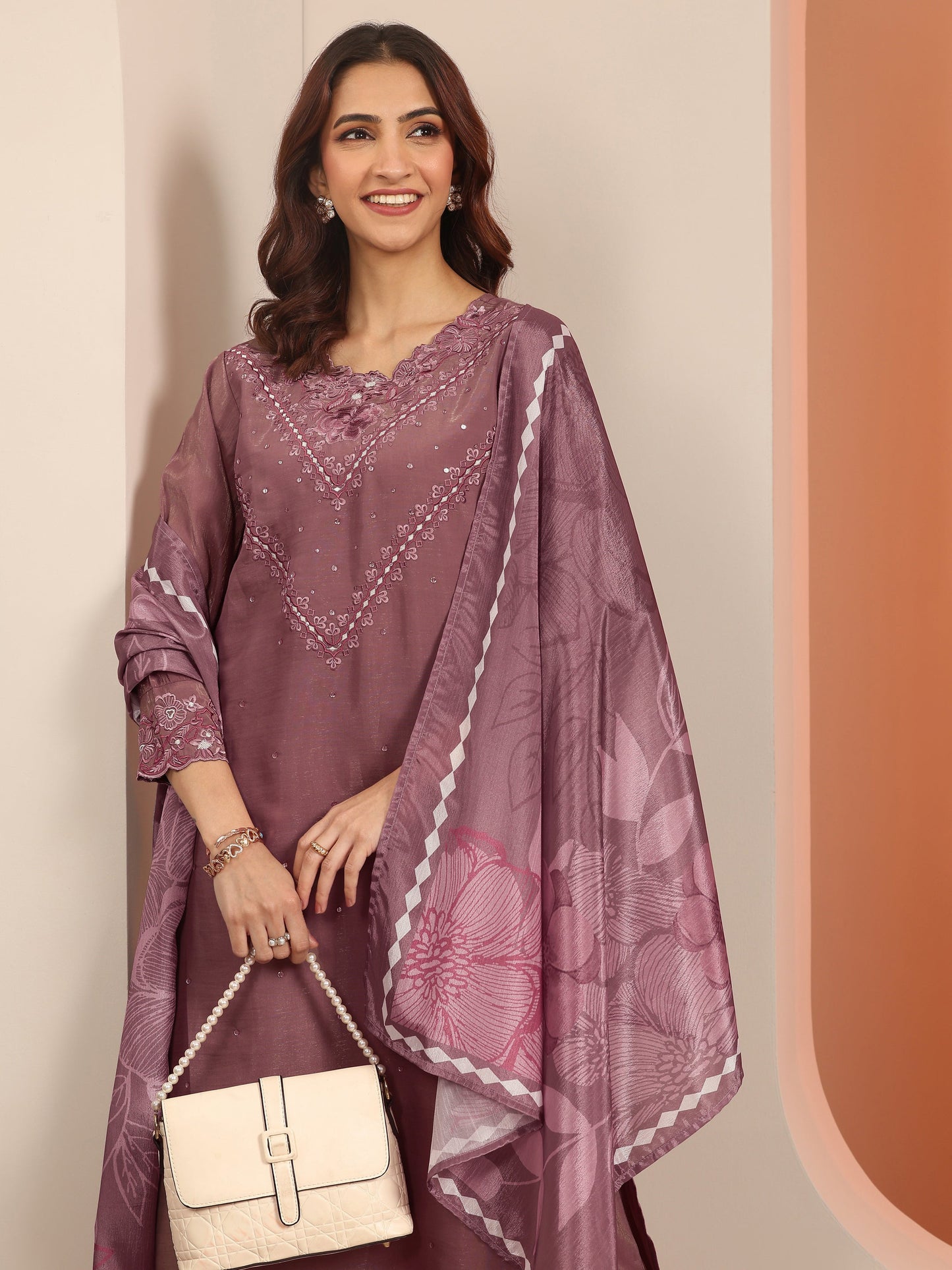 Libas Mauve Embroidered Silk Blend Straight Suit With Dupatta