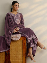 Libas Mauve Embroidered Velvet A-Line Suit Set With Dupatta