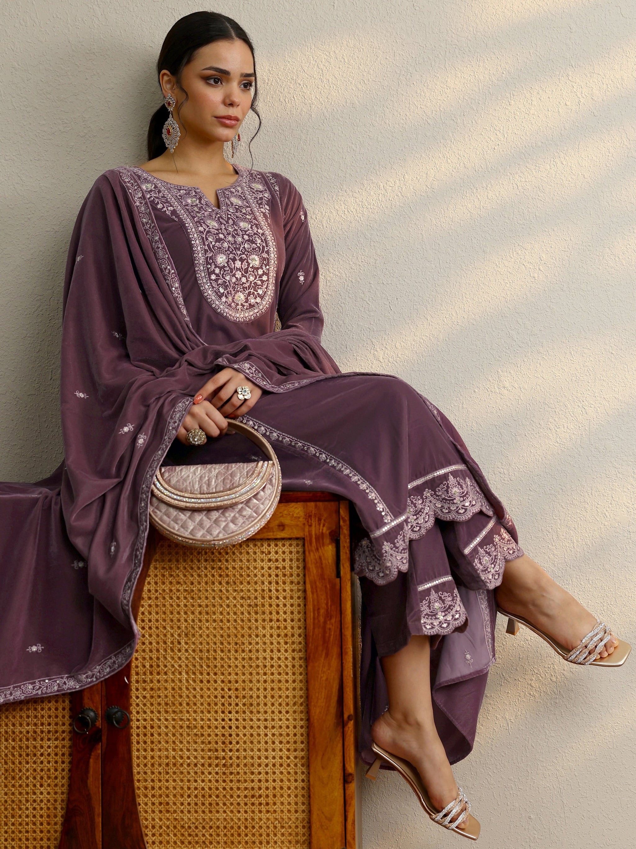 Libas Mauve Embroidered Velvet A-Line Suit Set With Dupatta