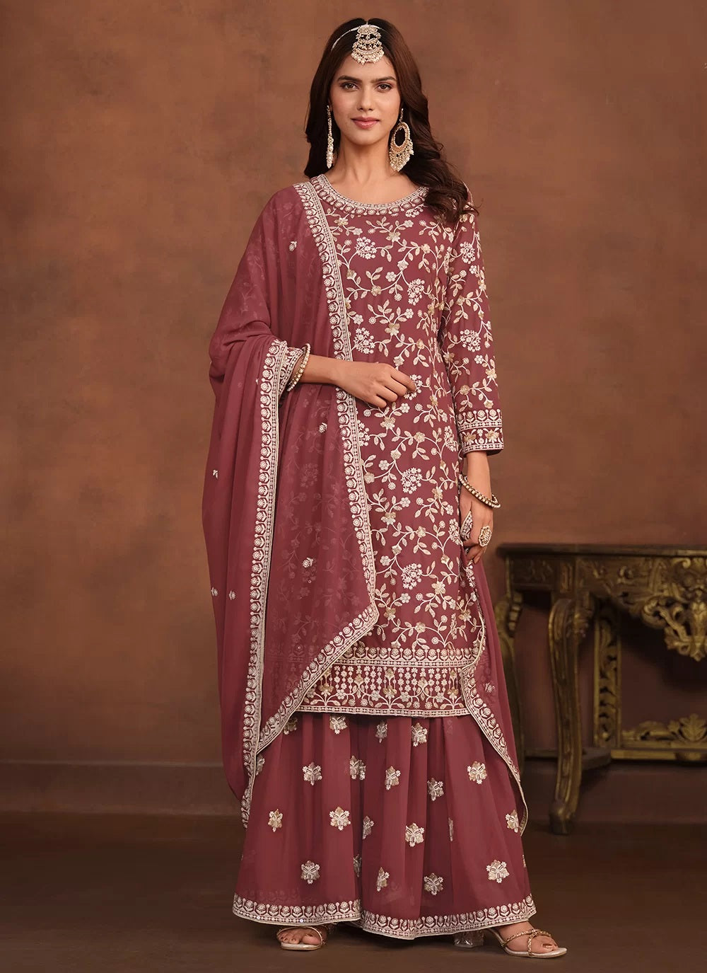 Mauve faux georgette sequins embroidered palazzo suit