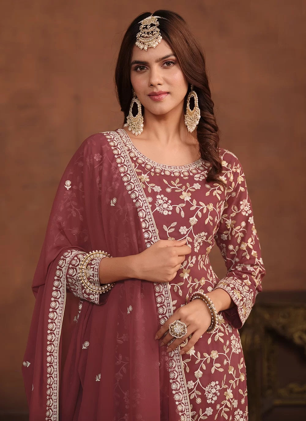 Mauve faux georgette sequins embroidered palazzo suit