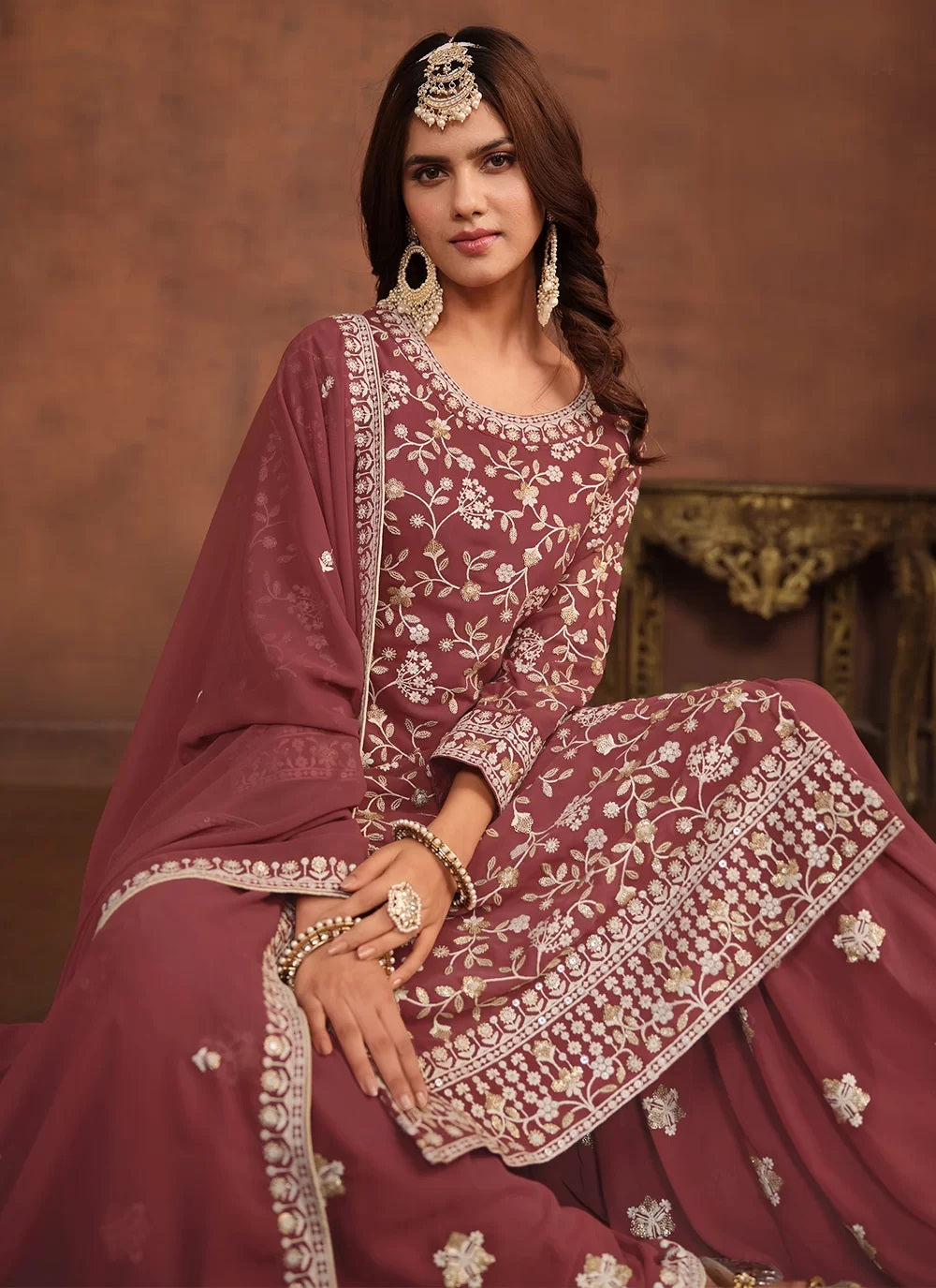 Mauve faux georgette sequins embroidered palazzo suit