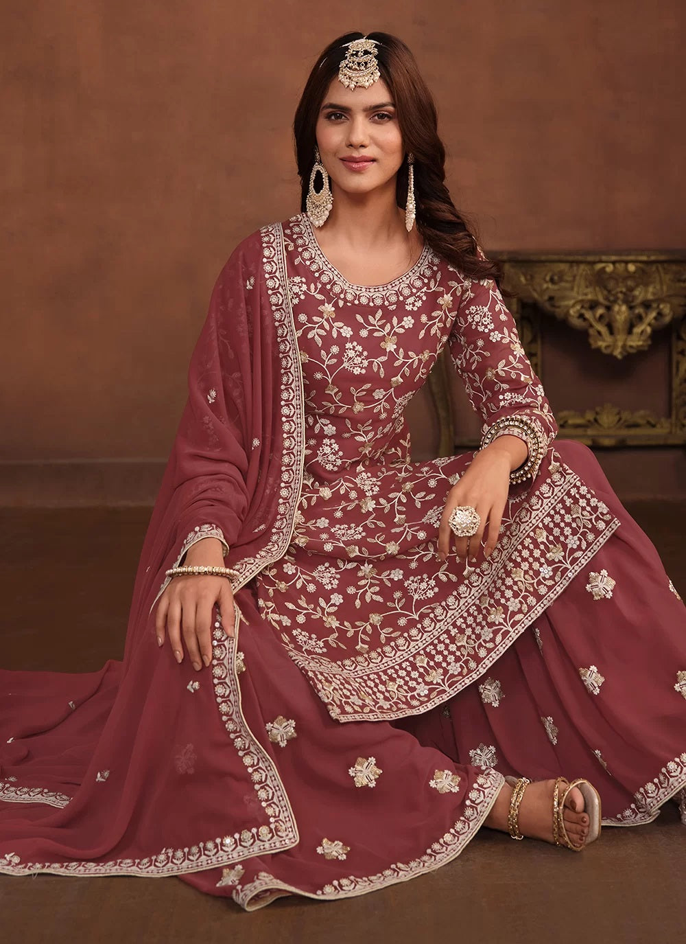 Mauve faux georgette sequins embroidered palazzo suit