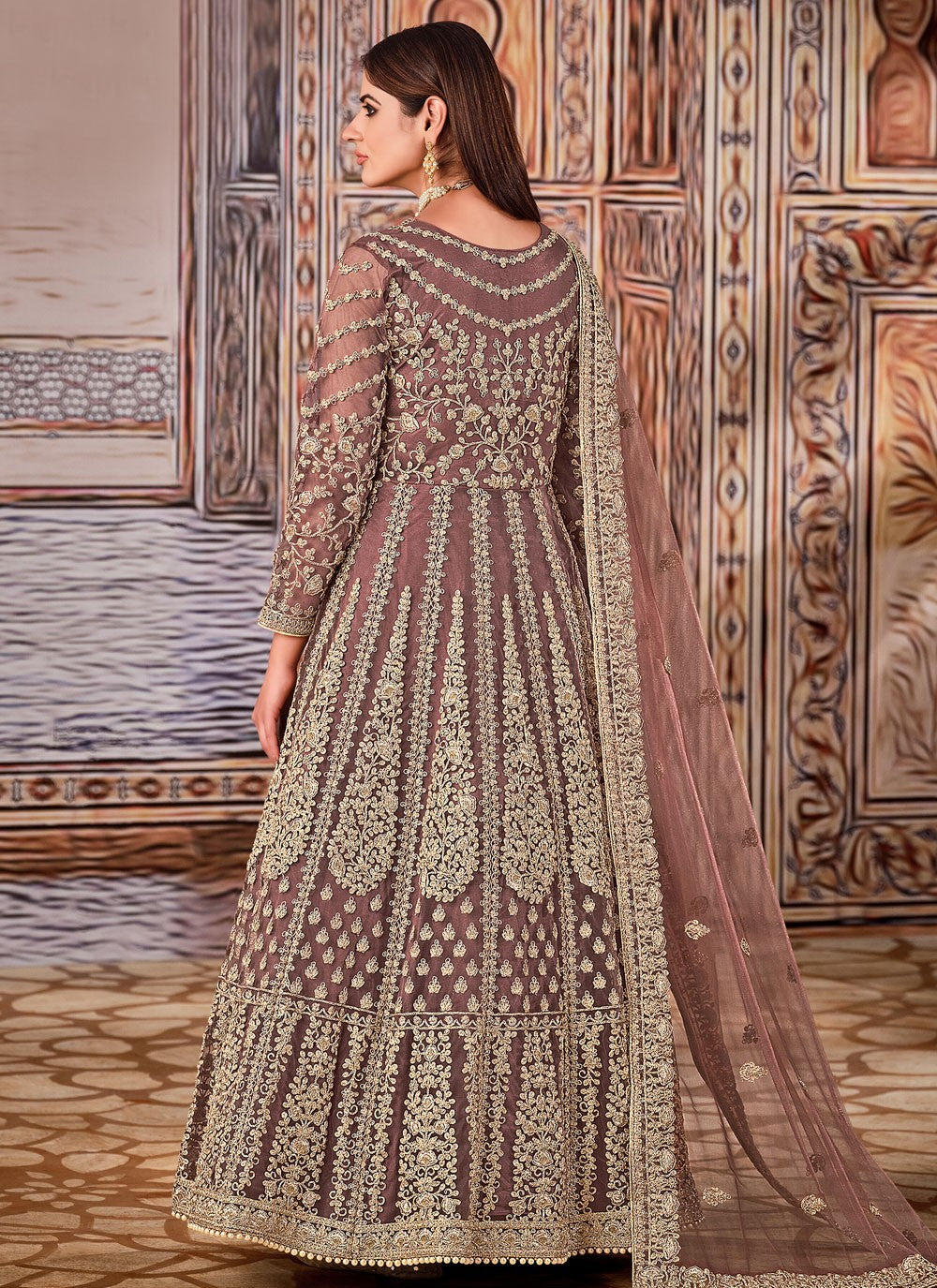 Mauve net embroidered anarkali suit
