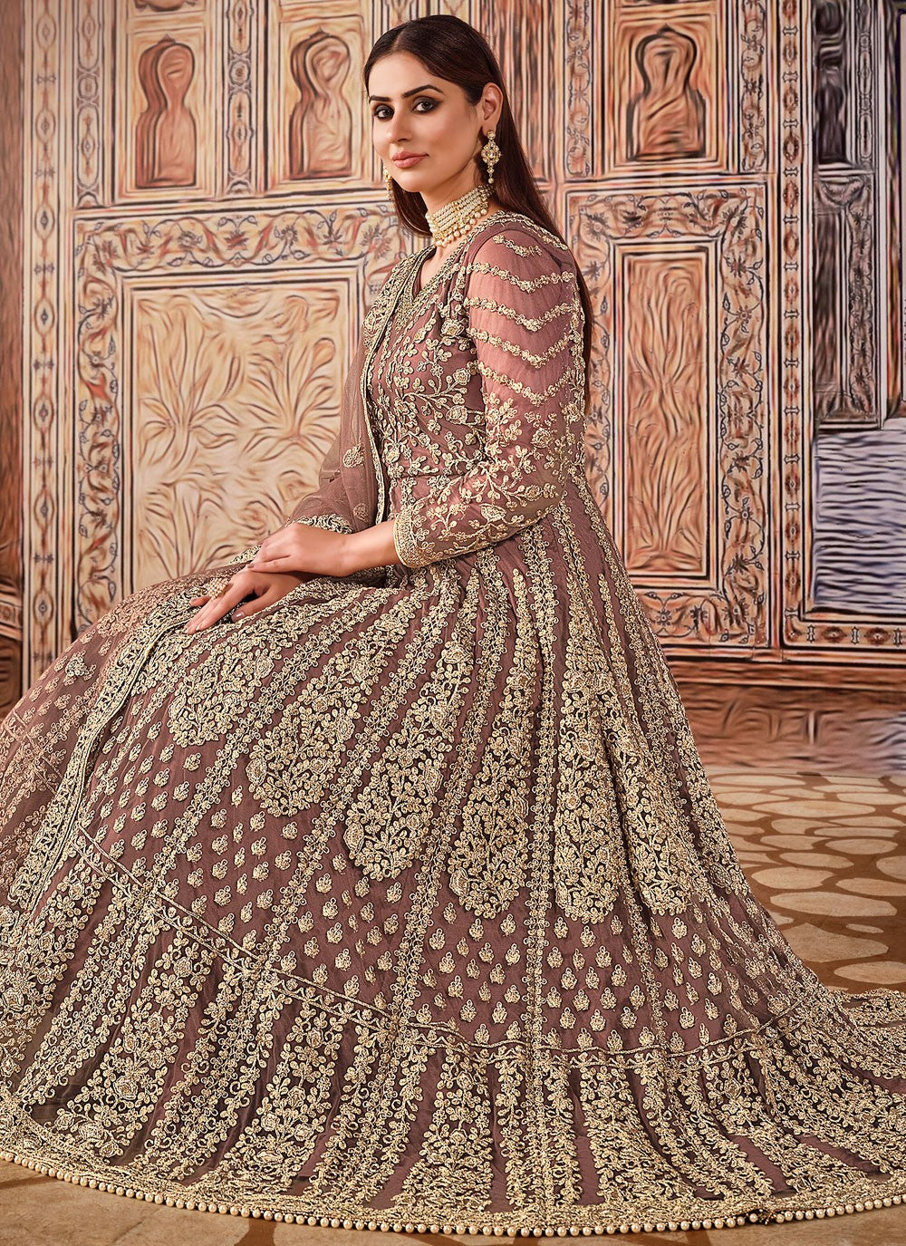 Mauve net embroidered anarkali suit