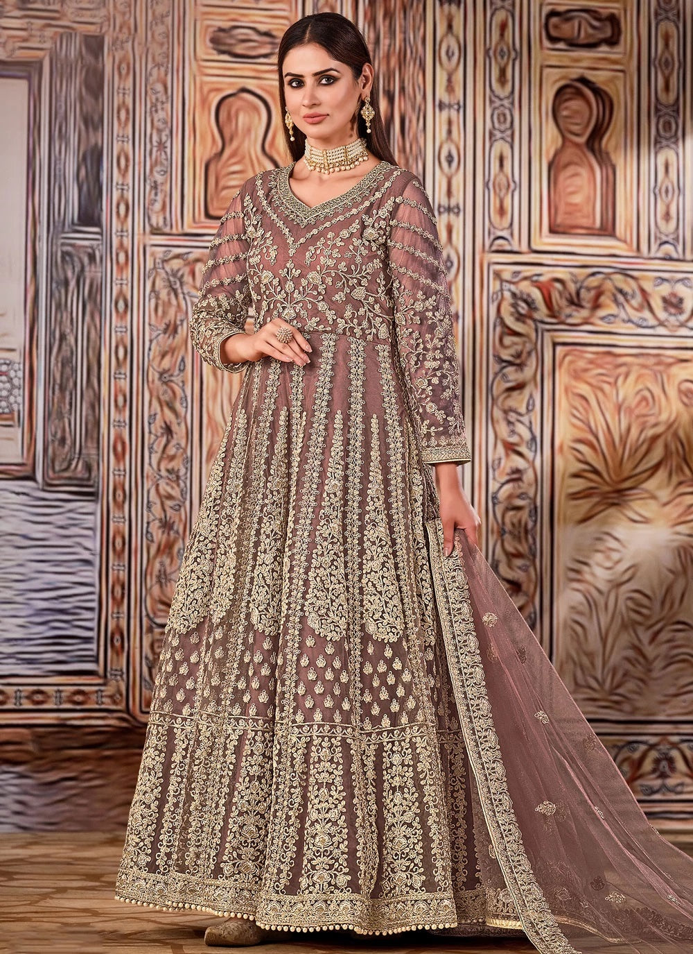 Mauve net embroidered anarkali suit
