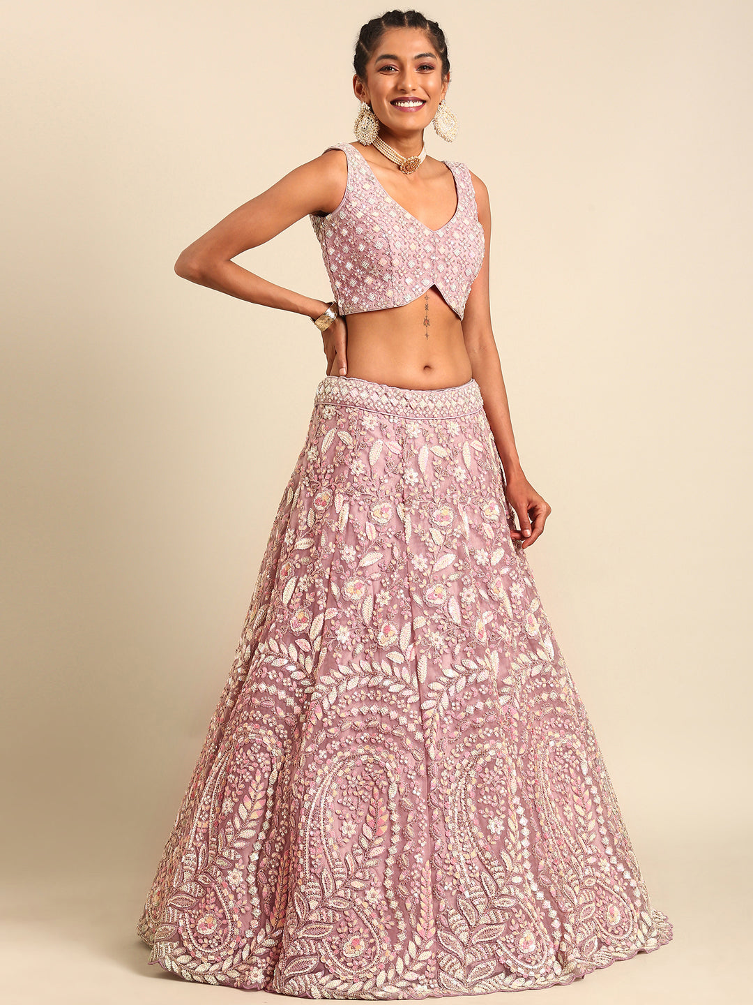 Mauve Net Multi Sequins with heavy Zarkan embroidery Semi-Stitched Lehenga choli & Dupatta