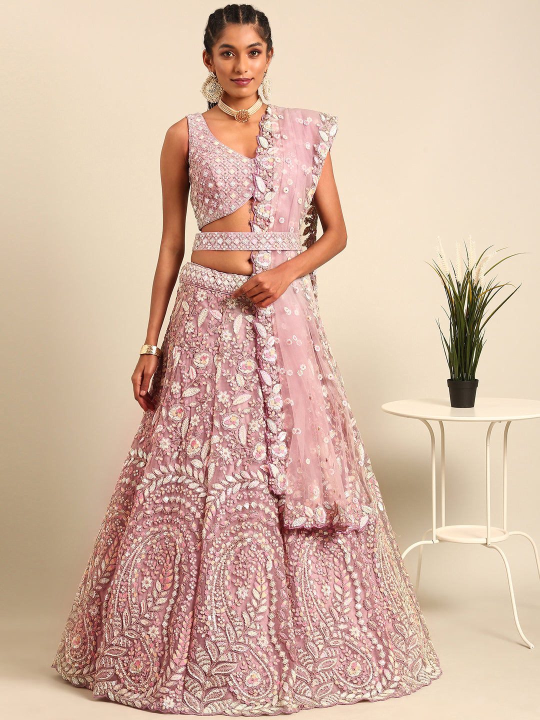 Mauve Net Multi Sequins with heavy Zarkan embroidery Semi-Stitched Lehenga choli & Dupatta