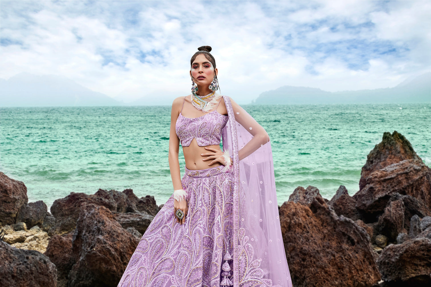 Mauve Net Multi Sequins with heavy Zarkan embroidery Semi-Stitched Lehenga choli & Dupatta