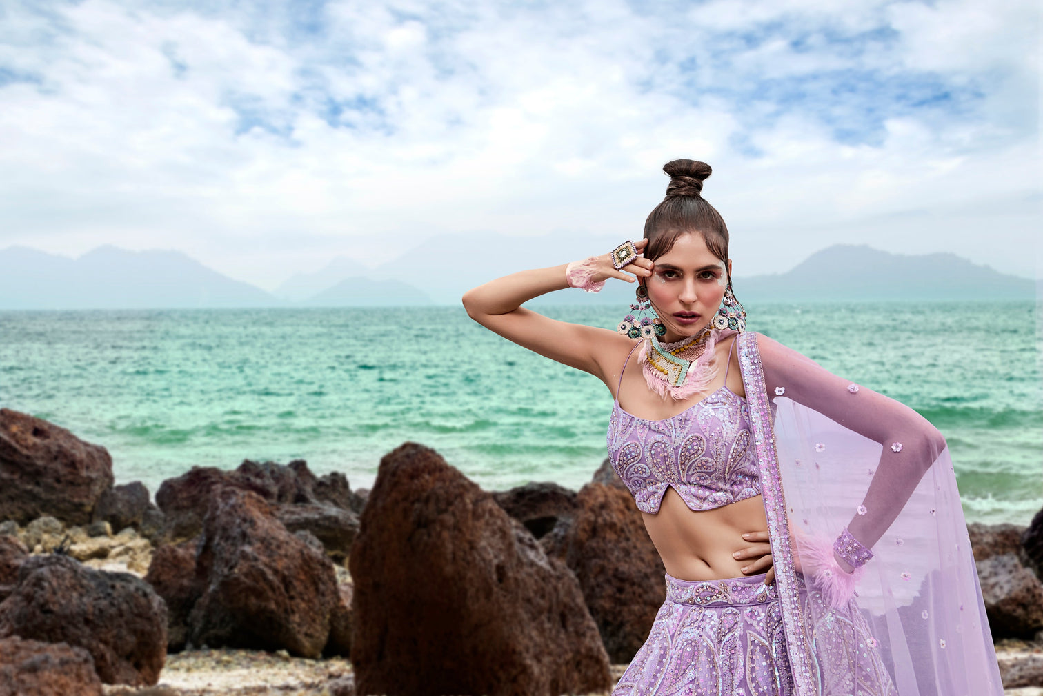 Mauve Net Multi Sequins with heavy Zarkan embroidery Semi-Stitched Lehenga choli & Dupatta