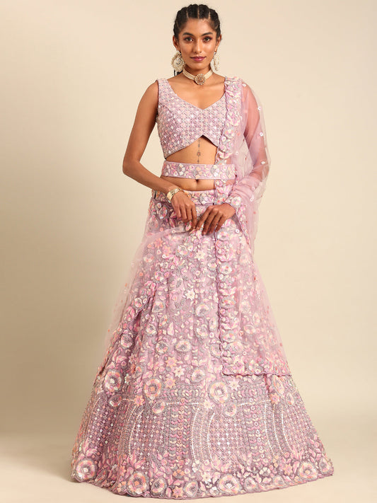 Mauve Net Multi Sequins with heavy Zarkan embroidery Semi-Stitched Lehenga choli & Dupatta