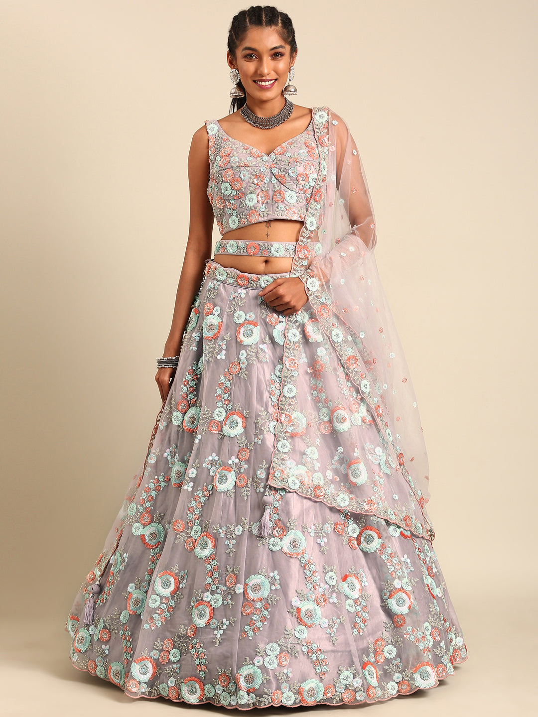 Mauve Net Sequins & Zarkan embroidery Semi-Stitched Lehenga choli & Dupatta