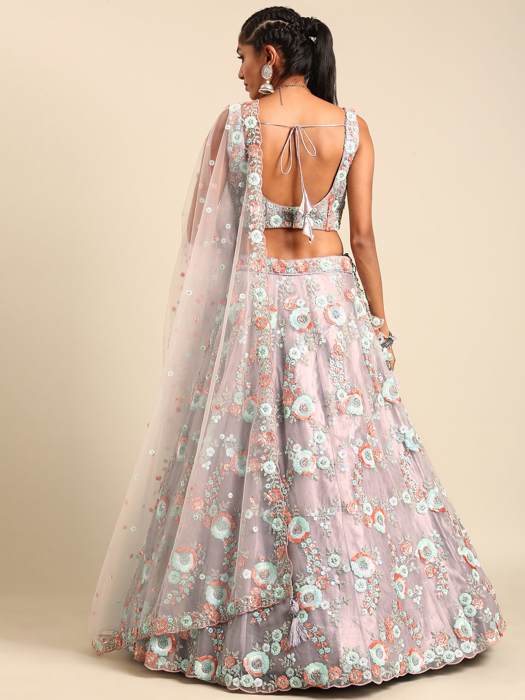 Mauve Net Sequins & Zarkan embroidery Semi-Stitched Lehenga choli & Dupatta