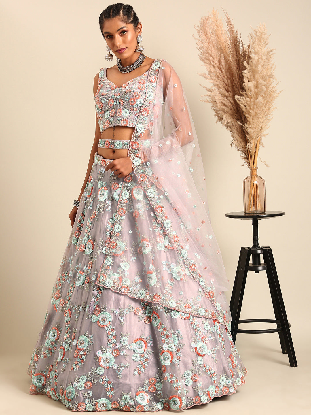 Mauve Net Sequins & Zarkan embroidery Semi-Stitched Lehenga choli & Dupatta