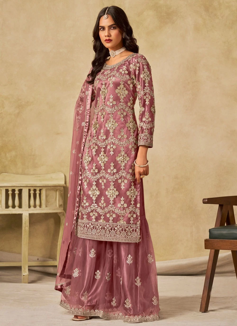 Ethereal mauve net sharara dress with satin inner embroidered dupatta