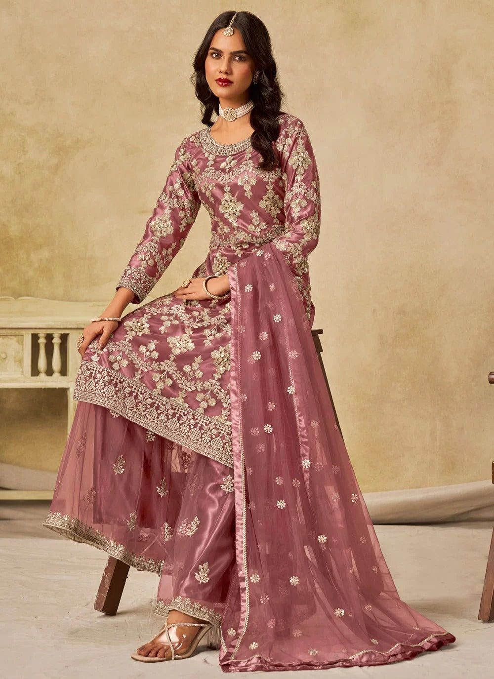 Ethereal mauve net sharara dress with satin inner embroidered dupatta