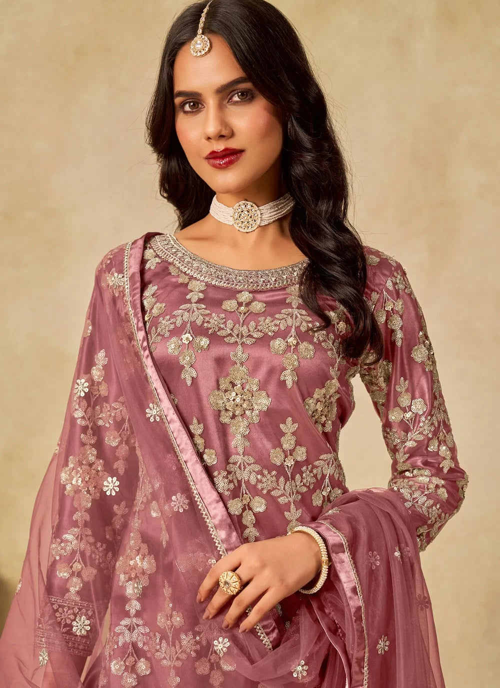 Ethereal mauve net sharara dress with satin inner embroidered dupatta