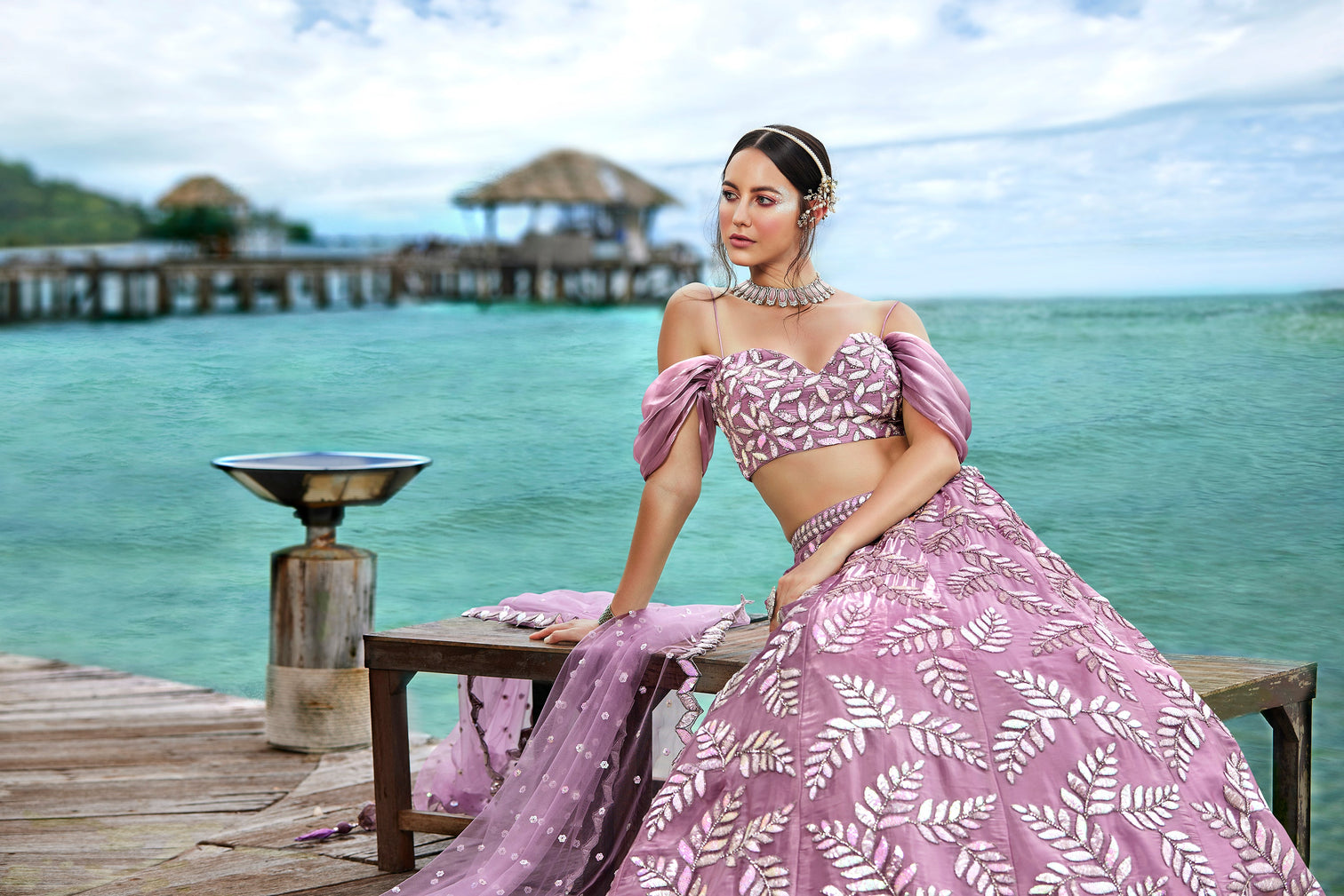 Mauve Organza Sequins & Zarkan embroidery Semi-Stitched Lehenga choli & Dupatta