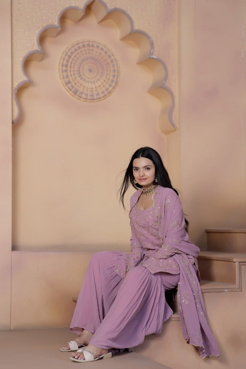 Mauve Premium Designer Readymade Top-Sharara-Dupatta Collection