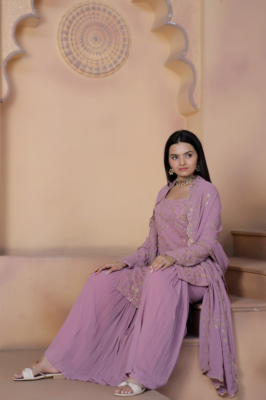 Mauve Premium Designer Readymade Top-Sharara-Dupatta Collection