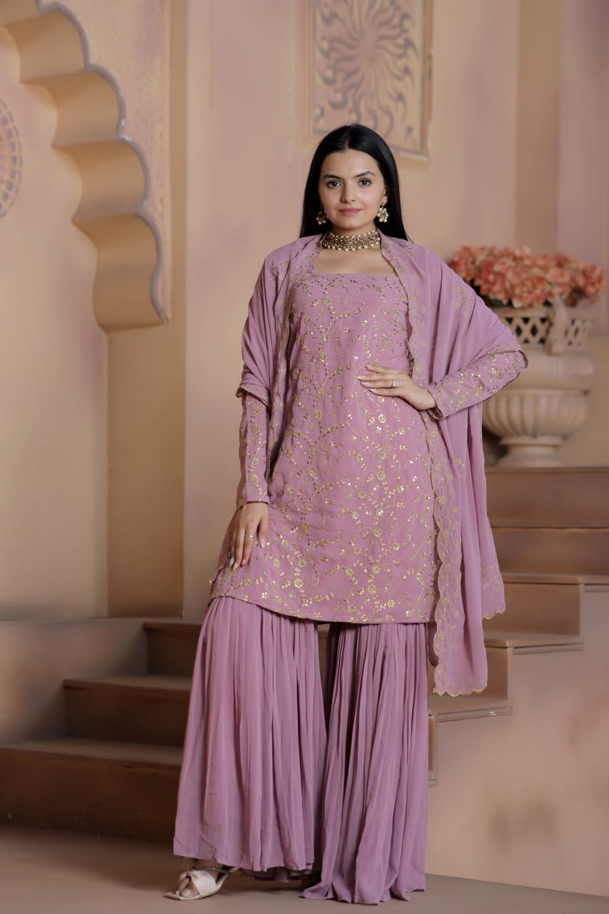 Mauve Premium Designer Readymade Top-Sharara-Dupatta Collection