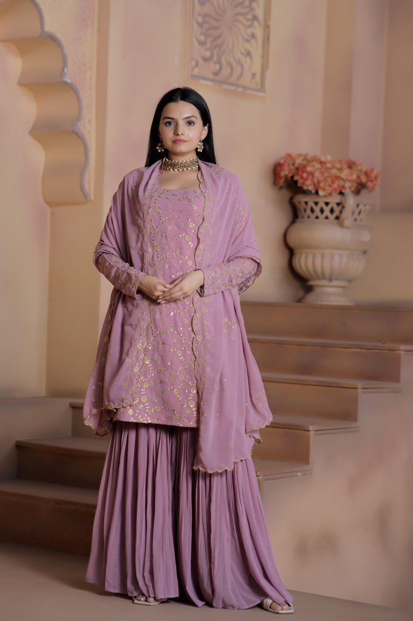 Mauve Premium Designer Readymade Top-Sharara-Dupatta Collection