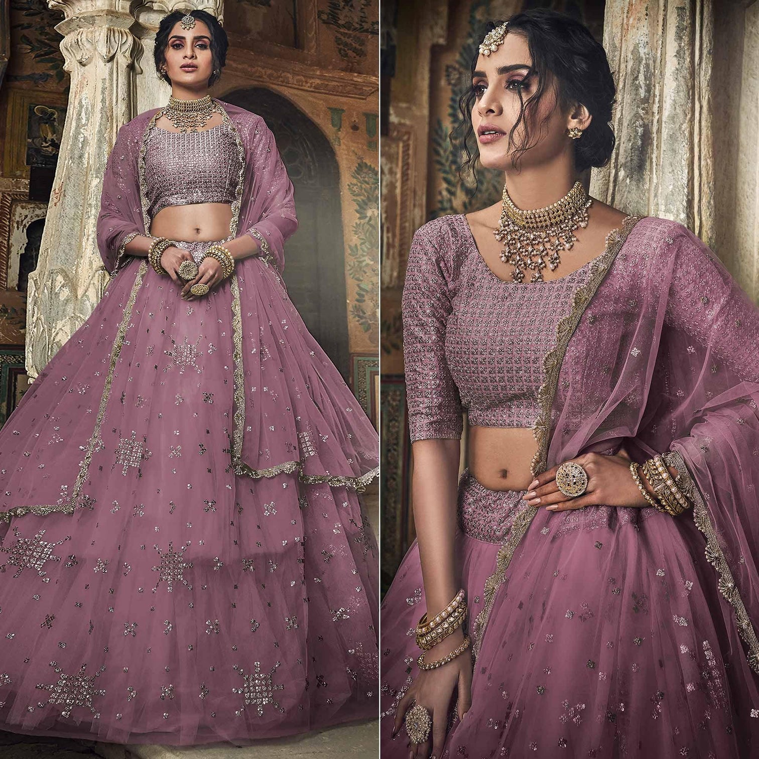 Mauve Sequins Embroidered Net Lehenga Choli