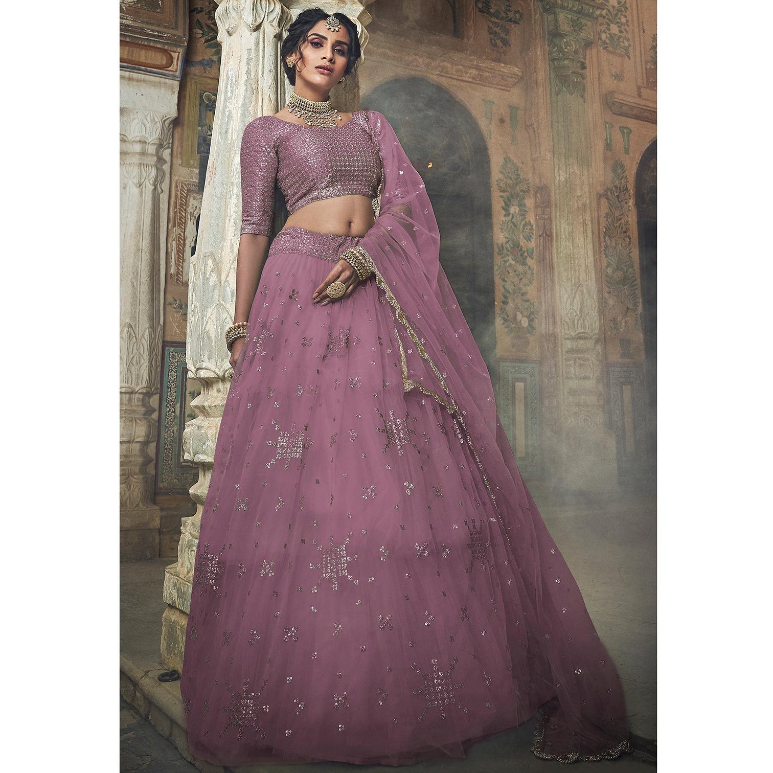 Mauve Sequins Embroidered Net Lehenga Choli