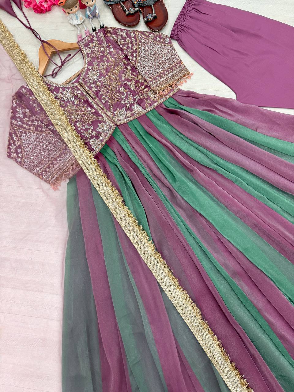 Mauve Silk Beads Work Gown Set