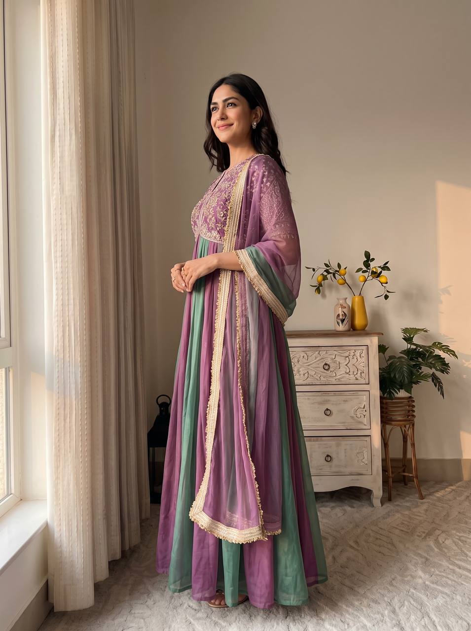 Mauve Silk Beads Work Gown Set