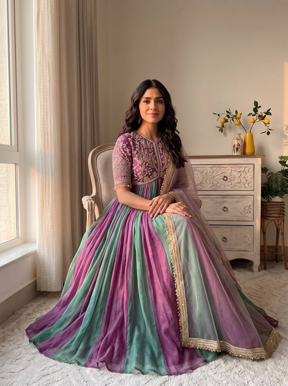 Mauve Silk Beads Work Gown Set