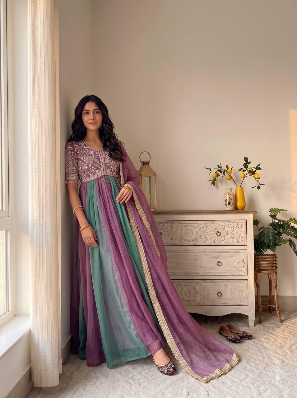 Mauve Silk Beads Work Gown Set