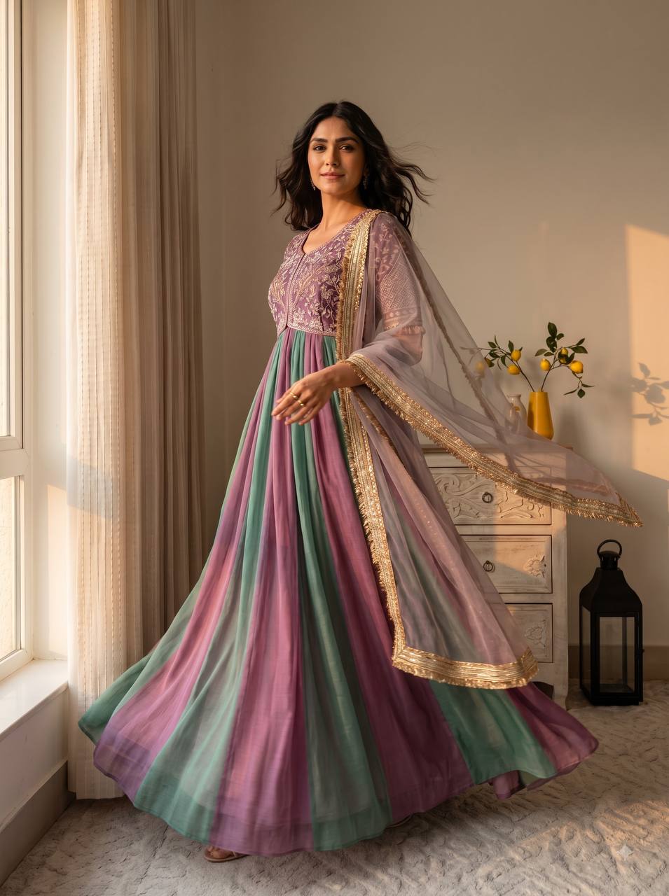 Mauve Silk Beads Work Gown Set