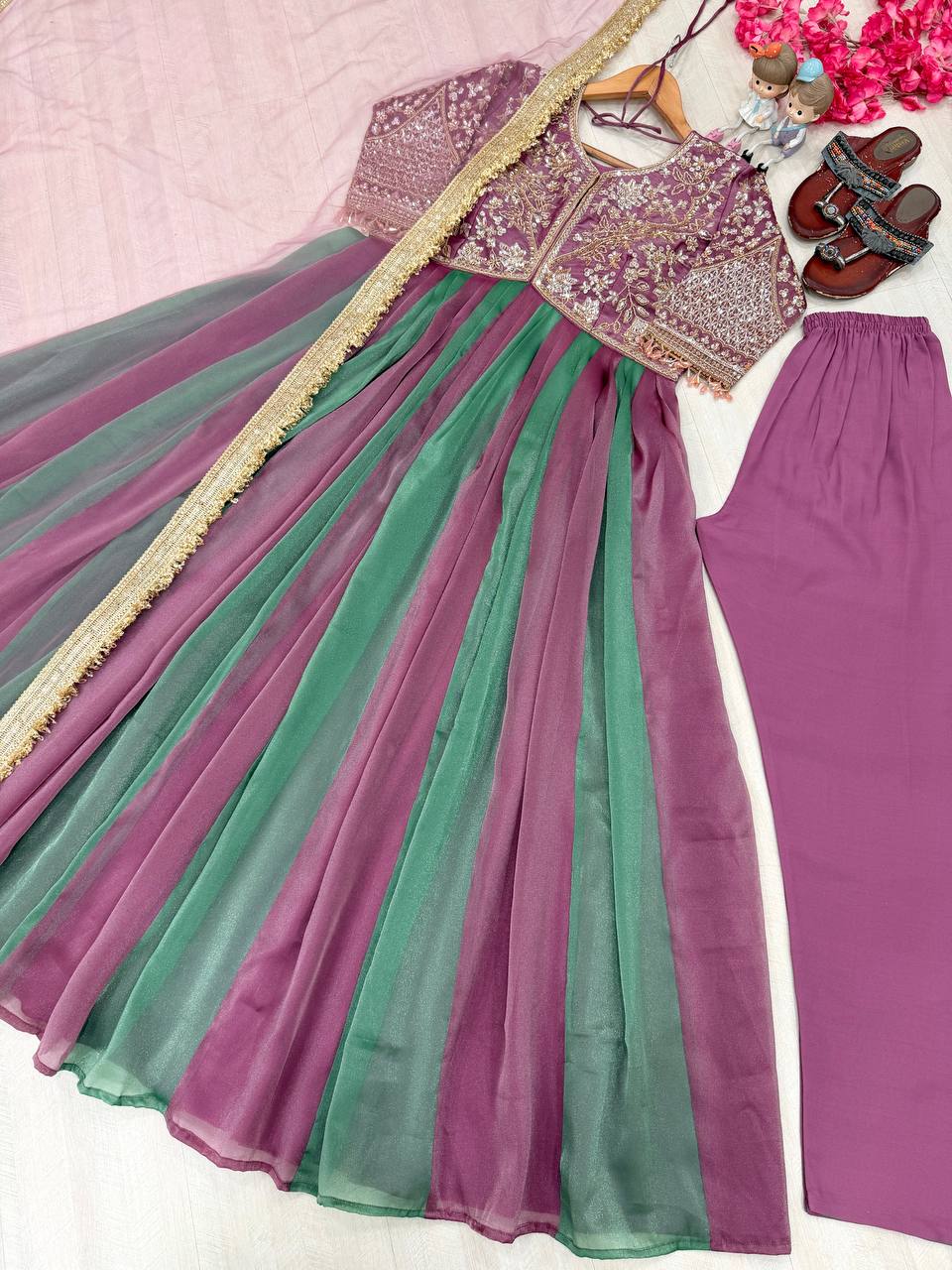 Mauve Silk Beads Work Gown Set