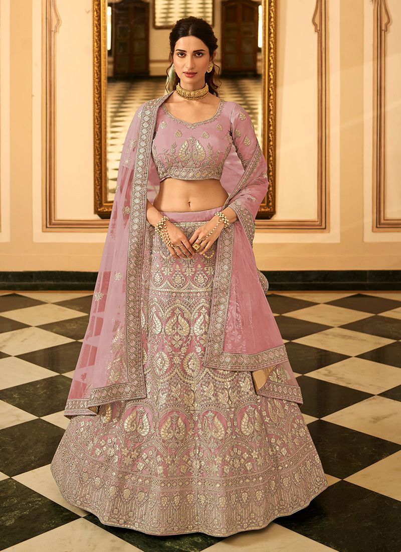 Mauve Zari And Gota Work Bridal Organza Lehenga