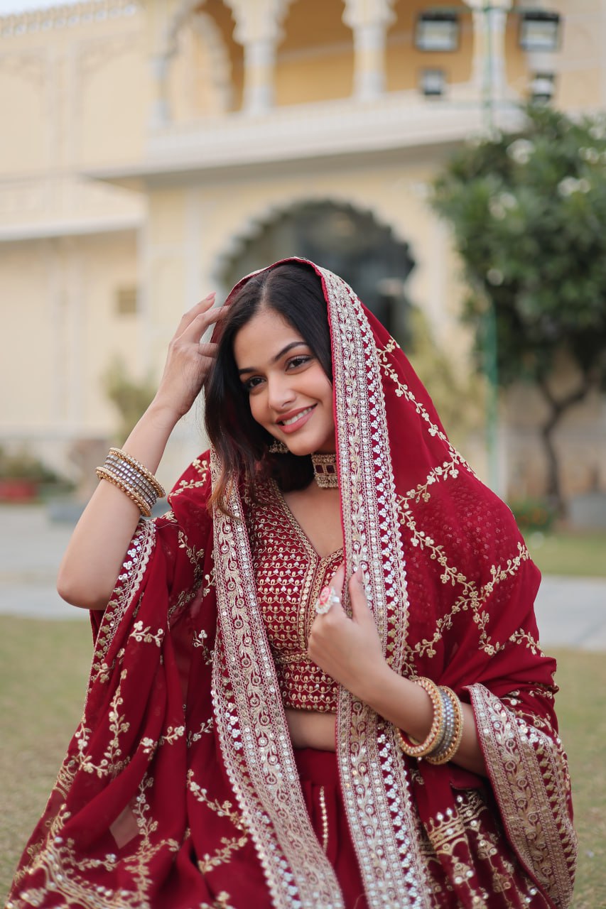 Maxican Red Embroidered Lehenga Choli