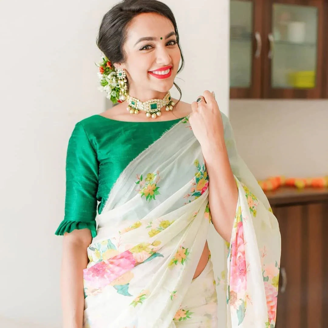 White Silk Printed Saree with Green Blouse (Un-stitched)