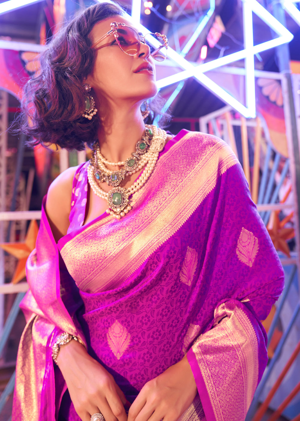 Megenta Floral Printed Banarasi Silk Saree with Zari Woven Pallu