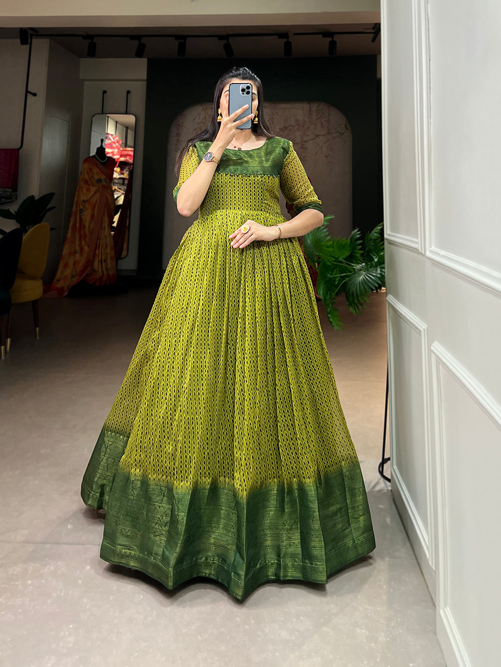 Mehendi Color Print With Zari Patta  Soft Cotton Dress